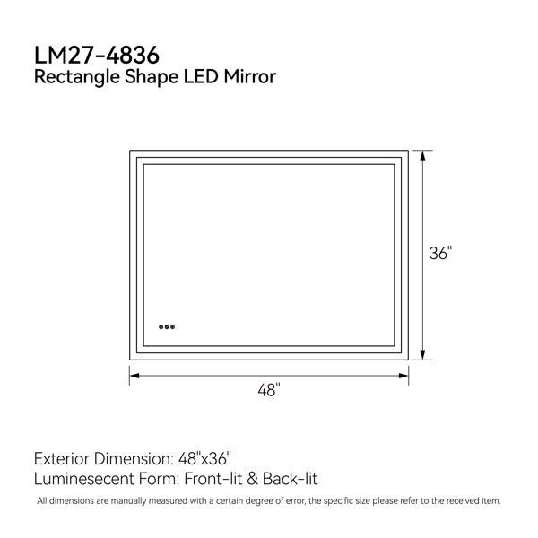 LED Bathroom Mirror – 48” x 36” Anti-Fog Wall Mirror