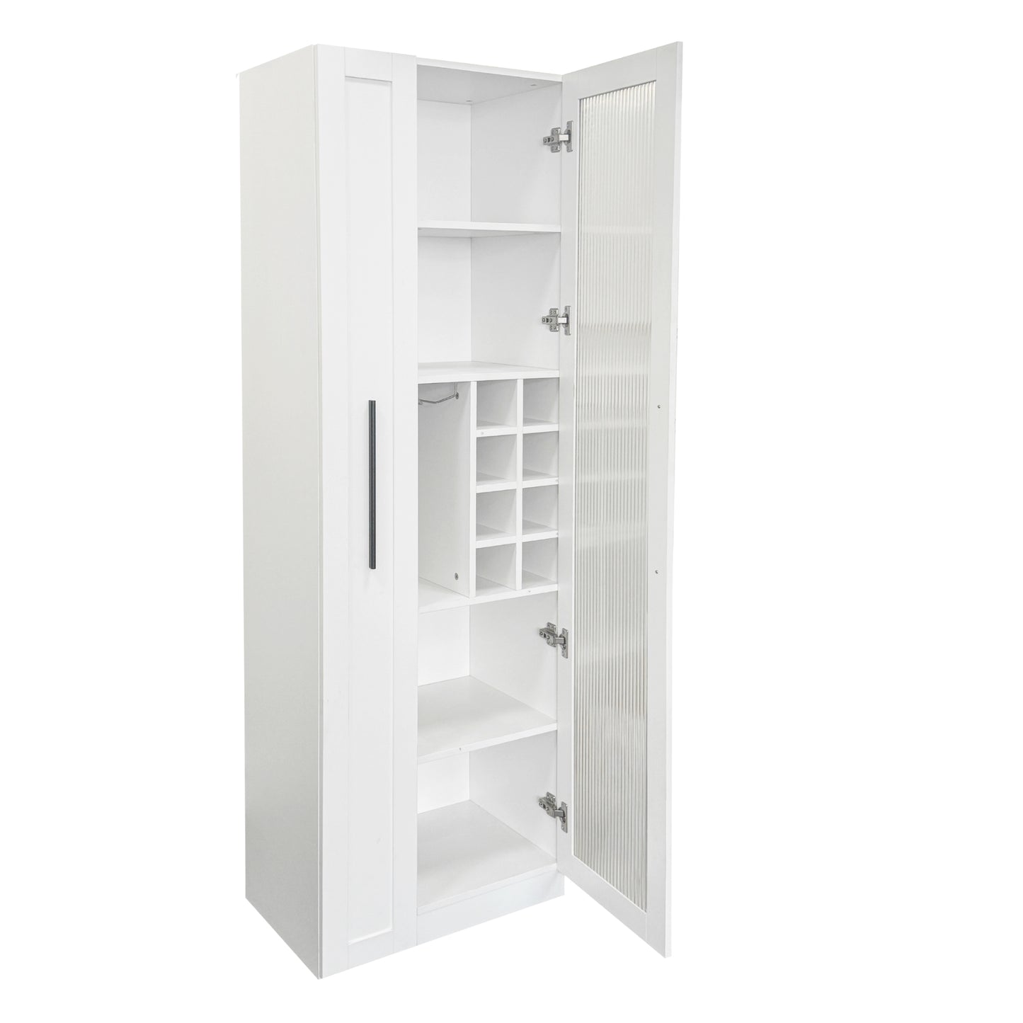 White Pantry Cabinet with Glass Doors & Pull-Out Shelves