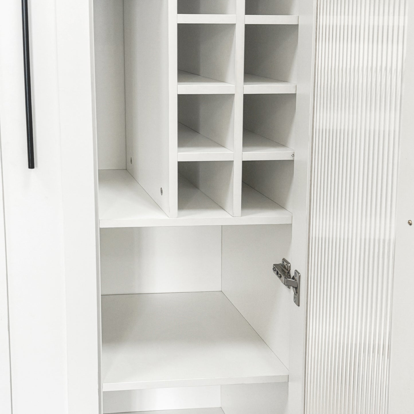 White Pantry Cabinet with Glass Doors & Pull-Out Shelves