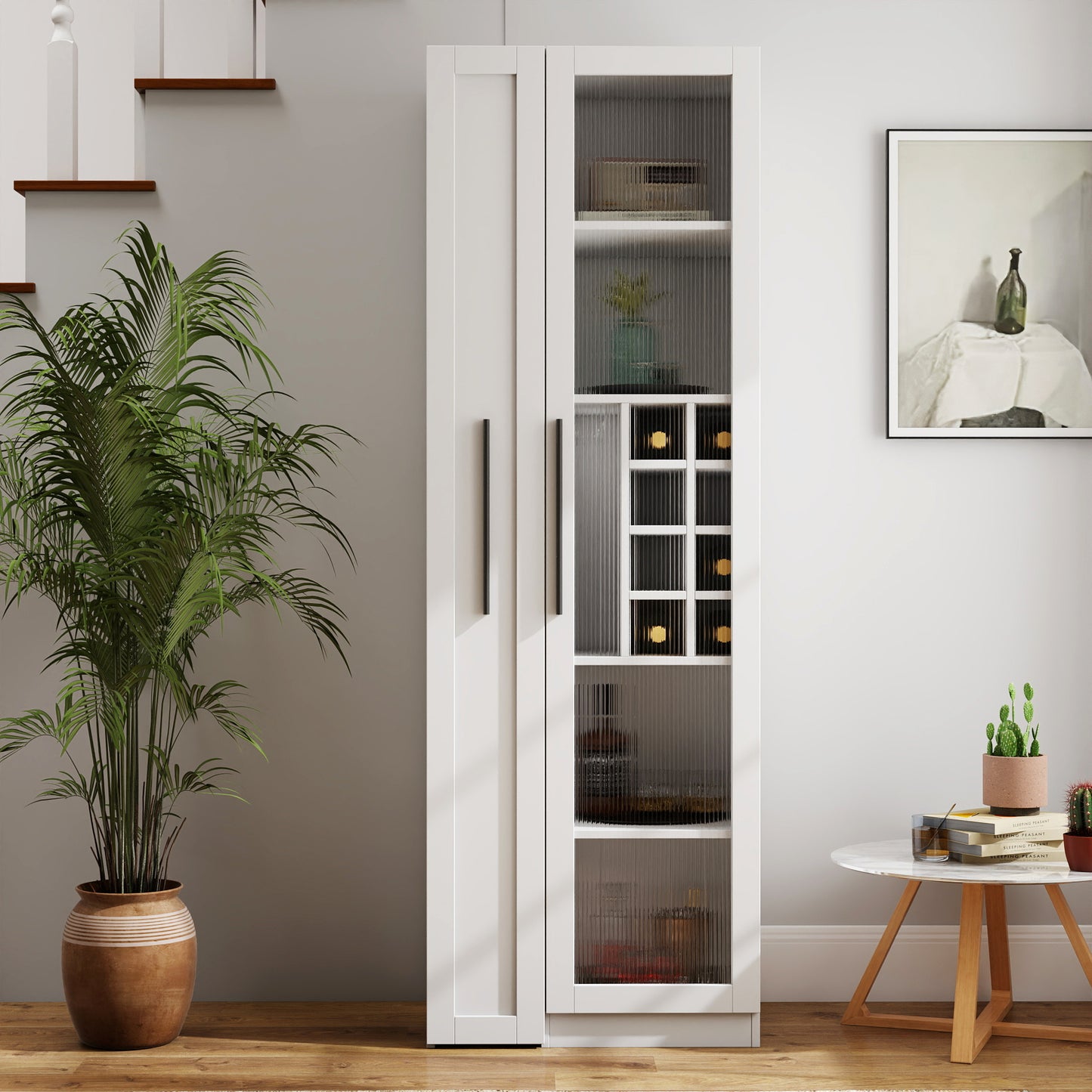 White Pantry Cabinet with Glass Doors & Pull-Out Shelves