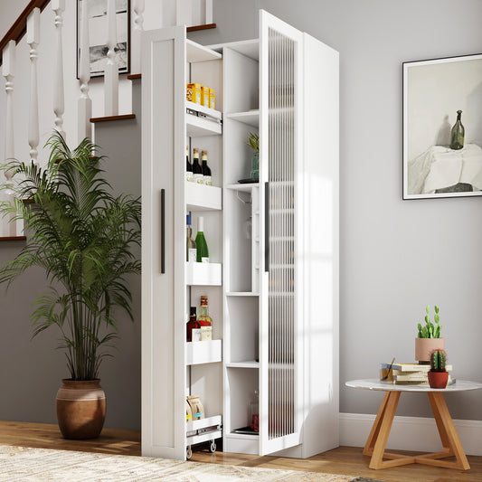 White Pantry Cabinet with Glass Doors & Pull-Out Shelves