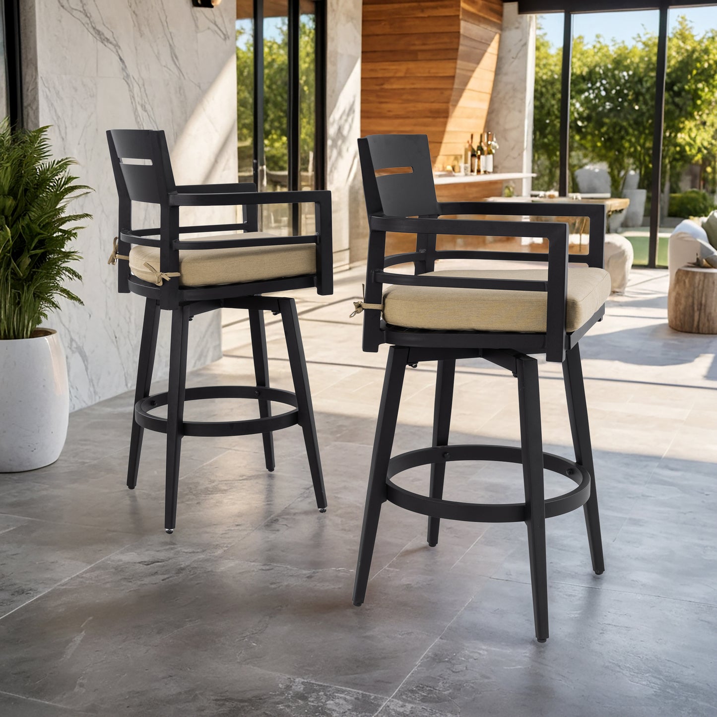 Modern Outdoor 2-Piece Swivel Bar Chairs.