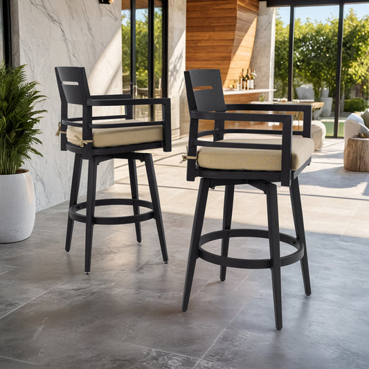 Modern Outdoor 2-Piece Swivel Bar Chairs.